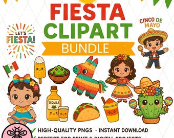 Peut inclure: Un ensemble de 35 images clipart numériques colorées sur le thème de la fiesta. Les images comprennent une piñata, un cactus, un taco, une fille portant une robe traditionnelle, un garçon jouant des maracas et une bouteille de tequila.