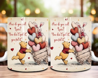 Honey Bear Movie Valentine 11oz Mug Wrap Png, Valentine Vibes, Heart Valentine Coffee Cup, Faux Yarn Crochet Cartoon 11oz Mug Sublimation