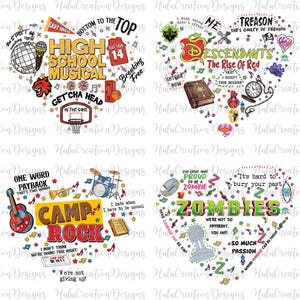 Può includere: Quattro disegni a forma di cuore con testo e grafica dei film "High School Musical", "Descendants", "Camp Rock" e "Zombies". Ogni disegno include note musicali e immagini correlate.