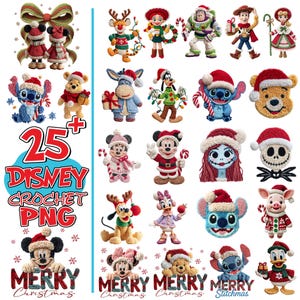 Peut inclure: Une collection de 25 images PNG de crochet sur le thème de Disney, avec des personnages comme Mickey Mouse, Stitch et Winnie l'ourson, tous vêtus de tenues de Noël. Les images incluent le texte "Merry Christmas" et "Stitchmas".