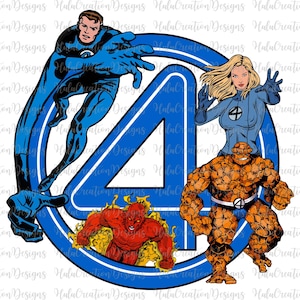 May include: A graphic featuring the Fantastic Four. The image includes the number 4 in blue with the characters Mr. Fantastic, Invisible Woman, Human Torch, and The Thing. The background is white.