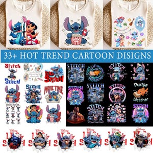 Op de afbeelding: Collectie witte t-shirts met ontwerpen van het tekenfilmfiguur Stitch. De shirts tonen Stitch met Lilo, popcorn en andere afbeeldingen. De tekst "33+ HOT TREND CARTOON DISIGNS" is ook zichtbaar.