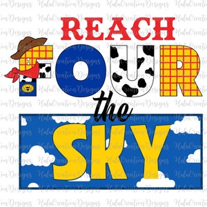 May include: A colorful graphic design featuring the words "Reach Four the Sky" in a cartoon style. The letters are decorated with a cowboy hat, cow print, and plaid patterns. The background is a blue sky with white clouds.