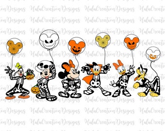 May include: A Halloween-themed graphic featuring cartoon characters dressed as skeletons. Mickey Mouse, Minnie Mouse, Donald Duck, Daisy Duck, Goofy, and Pluto are depicted with balloons. The balloons have various designs, including spiderwebs and jack-o'-lantern faces.