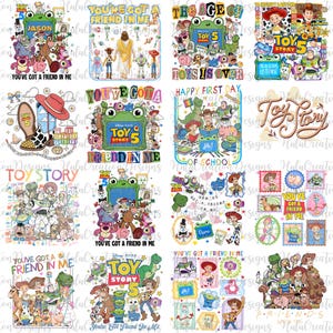 K&ouml;nnte beinhalten: Eine Sammlung von sechzehn Grafikdesigns mit Toy Story-Figuren wie Woody, Buzz Lightyear, Jessie und Rex. Die Illustrationen enthalten Texte wie You've Got A Friend In Me, Toy Story 5 und verschiedene bunte Cartoon-Motive.