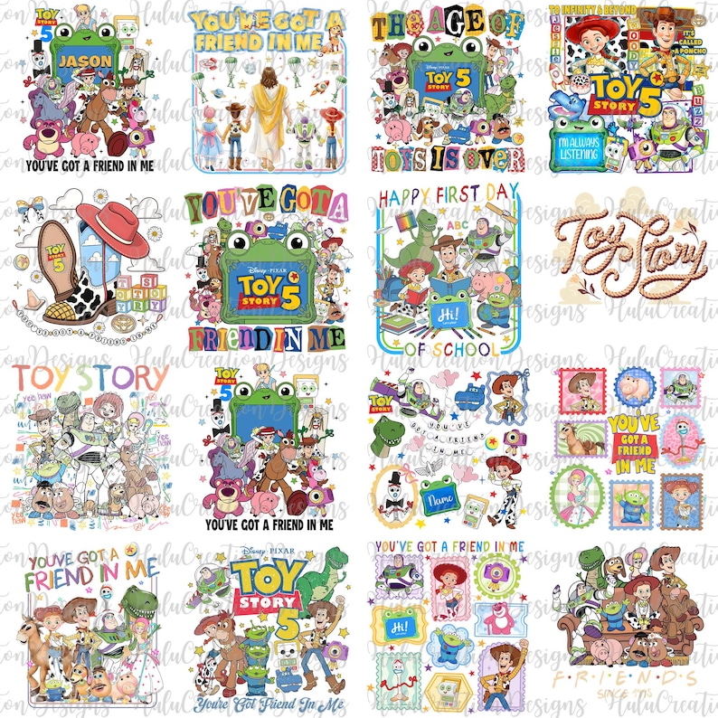 K&ouml;nnte beinhalten: Eine Sammlung von sechzehn Grafikdesigns mit Toy Story-Figuren wie Woody, Buzz Lightyear, Jessie und Rex. Die Illustrationen enthalten Texte wie You've Got A Friend In Me, Toy Story 5 und verschiedene bunte Cartoon-Motive.