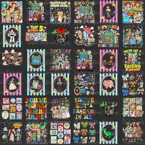 K&ouml;nnte beinhalten: Eine Sammlung digitaler Grafikdesigns mit Charakteren aus der Toy Story-Reihe, darunter Woody, Buzz Lightyear und Jessie. Die Designs enthalten farbenfrohen Text, gestreifte Hintergr&uuml;nde und verschiedene Charakter-Motive.