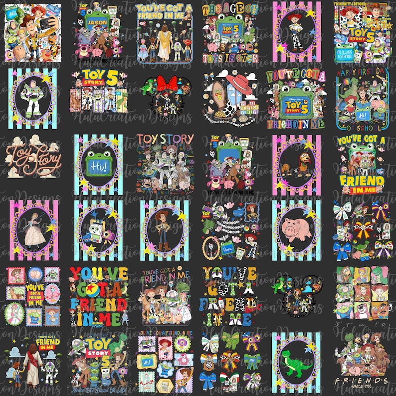 K&ouml;nnte beinhalten: Eine Sammlung digitaler Grafikdesigns mit Charakteren aus der Toy Story-Reihe, darunter Woody, Buzz Lightyear und Jessie. Die Designs enthalten farbenfrohen Text, gestreifte Hintergr&uuml;nde und verschiedene Charakter-Motive.
