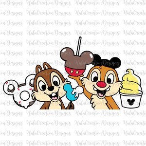 May include: A cartoon illustration of Chip and Dale from Disney's Chip 'n Dale Rescue Rangers. Chip and Dale are holding Mickey Mouse-shaped treats. The illustration also includes a Mickey Mouse-shaped ice cream cone and a Mickey Mouse-shaped apple.