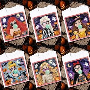 May include: Six white t-shirts featuring graphic prints of cartoon characters in Halloween costumes. Each character wears glasses and blows a green bubble, surrounded by pumpkins, ghosts, bats, and spiderwebs on a dark purple background.