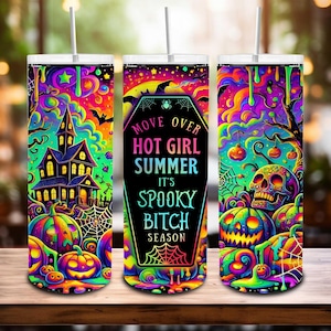 Bicchiere sottile luminoso di Halloween da 20 once, Horror Friends PNG, Tazza estiva Hot Girl Spook Bitch PNG Wrap Neon Pumpkins Tumbler Wrap PNG