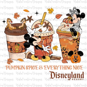 May include: A digital illustration featuring Mickey Mouse, Minnie Mouse, and Chip and Dale with pumpkin spice drinks. The image includes fall leaves, pumpkins, and the text "Pumpkin Spice & Everything Nice" and "Disneyland Resort."