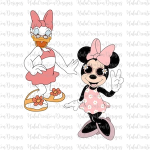 May include: Two cartoon characters, a duck and a mouse, are dressed in pink and white swimsuits with floral patterns. They are wearing sunglasses and smiling. The duck is wearing a pink bow and the mouse is wearing a pink bow with a white polka dot pattern.