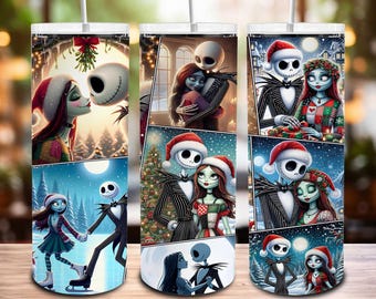 Vaso delgado de 20 oz con diseño de películas navideñas para parejas (PNG), gorro de Papá Noel (PNG), vaso de café navideño, envoltorio para vaso de 20 oz con diseño de dibujos animados de terror navideño.