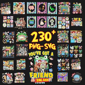 May include: A digital collection of over 230 PNG and SVG graphic files featuring Toy Story characters including Woody, Buzz Lightyear, and Rex. The designs include various colorful illustrations, character collages, and text like You've Got a Friend in Me.