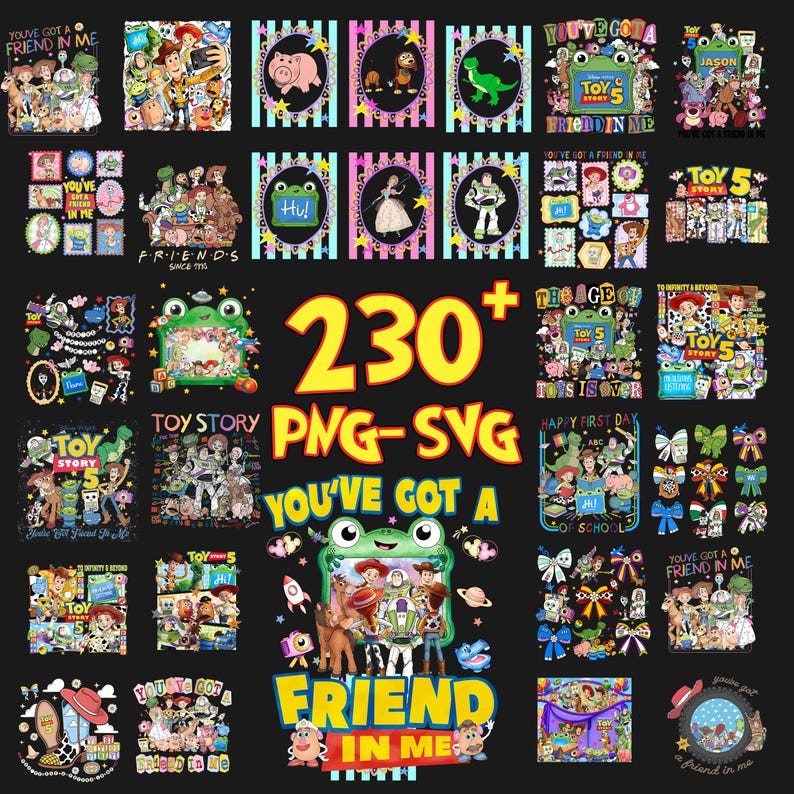 K&ouml;nnte beinhalten: Eine digitale Sammlung von &uuml;ber 230 PNG- und SVG-Grafikdateien mit Toy Story-Figuren wie Woody, Buzz Lightyear und Rex. Die Designs umfassen verschiedene farbenfrohe Illustrationen, Charakter-Collagen und den Text You've Got a Friend in Me.