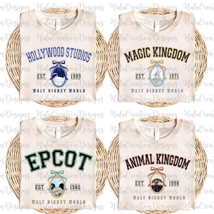 May include: Four white t-shirts with different Disney park logos. The logos are for Hollywood Studios, Magic Kingdom, Epcot, and Animal Kingdom. Each logo includes the park name, "Walt Disney World", and the year the park was established.