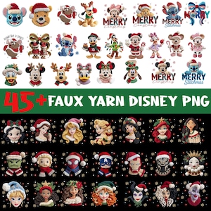 May include: A collection of 45+ faux yarn Disney PNG images. The images include various Disney characters such as Mickey Mouse, Minnie Mouse, and Stitch, wearing Santa hats. The text "MERRY Christmas" and "MERRY Stitchmas" is also visible.