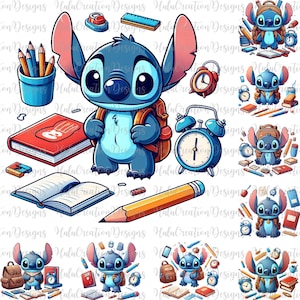 Blue Monster Back To School Png Bundle, First Day Of School Cartoon Png, Funny Kids Back School, Blue Alien Character, Gift For Kid School