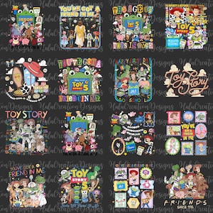 K&ouml;nnte beinhalten: Eine Sammlung von sechzehn digitalen Grafikdesigns mit Toy Story-Figuren wie Woody, Buzz Lightyear und Jessie. Die Illustrationen enthalten verschiedene Textelemente wie Toy Story 5, You've Got a Friend in Me und Toy Story Since 1995, die in farbenfrohen, stilisierten Schriftarten vor einem dunkelgrauen Hintergrund dargestellt sind.