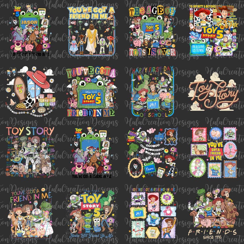 K&ouml;nnte beinhalten: Eine Sammlung von sechzehn digitalen Grafikdesigns mit Toy Story-Figuren wie Woody, Buzz Lightyear und Jessie. Die Illustrationen enthalten verschiedene Textelemente wie Toy Story 5, You've Got a Friend in Me und Toy Story Since 1995, die in farbenfrohen, stilisierten Schriftarten vor einem dunkelgrauen Hintergrund dargestellt sind.