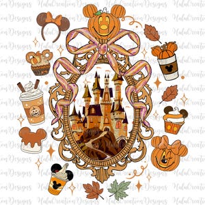 May include: A digital illustration featuring a castle within an ornate frame, surrounded by fall-themed elements. Includes pumpkin-shaped Mickey Mouse characters, fall leaves, and coffee cups. The color palette is dominated by orange, brown, and gold.