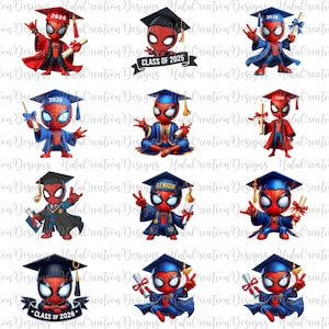 Puede incluir: Una colección de doce ilustraciones que muestran a un personaje de superhéroe estilizado en rojo y azul con birretes y togas de graduación, sosteniendo diplomas, con algunos textos 2026 o Class of 2026 en varias poses.