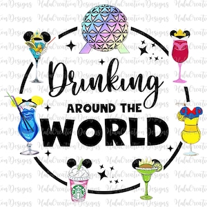 以下が含まれることがあります： 「Drinking Around the World」というテキストが円形に書かれた白黒のグラフィックデザイン。デザインには、さまざまな飲み物と、ミッキーマウス、白雪姫、スペースシップアースのアイコンなど、ディズニーのキャラクターが描かれています。