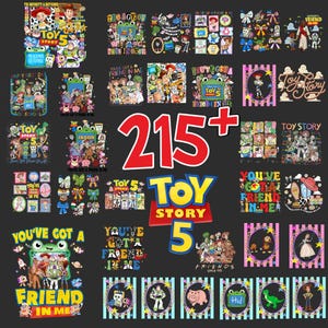 K&ouml;nnte beinhalten: Eine digitale Sammlung von &uuml;ber 215 Toy Story 5 Grafikdesigns mit Charakteren wie Woody, Buzz Lightyear, Jessie und Rex. Die Bilder enthalten Texte wie Toy Story 5, You've Got a Friend in Me und To Infinity & Beyond in verschiedenen bunten Layouts.