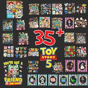 K&ouml;nnte beinhalten: Eine Sammlung von &uuml;ber 35 digitalen Grafikdesigns mit Toy Story-Figuren wie Woody, Buzz Lightyear, Jessie und Rex. Die Bilder enthalten verschiedene Textelemente wie Toy Story 5, You've Got a Friend in Me und To Infinity & Beyond, die in farbenfrohen, mehrfigurigen Kompositionen dargestellt sind.