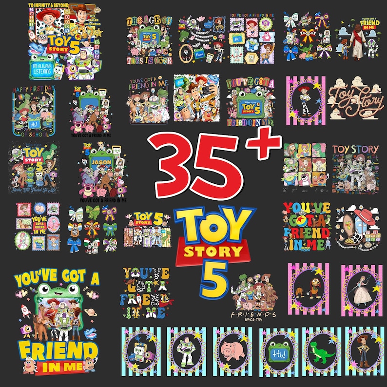 K&ouml;nnte beinhalten: Eine Sammlung von &uuml;ber 35 digitalen Grafikdesigns mit Toy Story-Figuren wie Woody, Buzz Lightyear, Jessie und Rex. Die Bilder enthalten verschiedene Textelemente wie Toy Story 5, You've Got a Friend in Me und To Infinity & Beyond, die in farbenfrohen, mehrfigurigen Kompositionen dargestellt sind.
