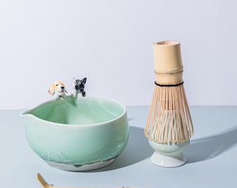 Custom Pet Portrait Matcha Bowl Set: Personalized Ceramic Tea Ceremony Gift