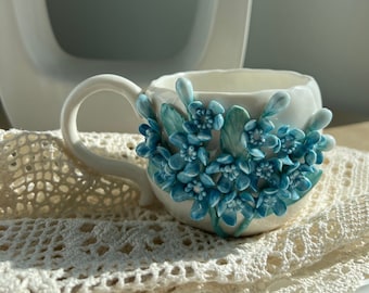 Blue Flowers Ceramic Mug, Handmade Ceramic Mug, Ceramic Coffee Mug, Gift for Her, Mother&#39;s Day Gift