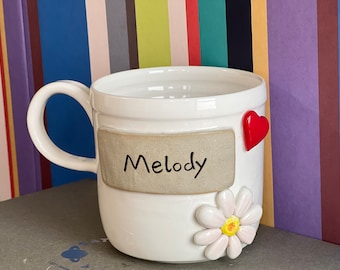 Custom Name Flowers Ceramic mug, Handmade Ceramic Mug (16 oz), Personalized Cute Mug with Heart and flower, Gift for Her, Mother's Day Gift