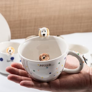 May include: White ceramic mug with a handle, decorated with colorful polka dots and a small dog figurine inside and on the rim. The name "Miya" is written on the side of the mug. The mug is held in a person's hand.