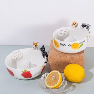 May include: Two white ceramic citrus juicers with dog and cat figurines. One juicer has red strawberry designs, the other has yellow lemon designs. A halved lemon sits in a glass dish, and a whole lemon is next to it.