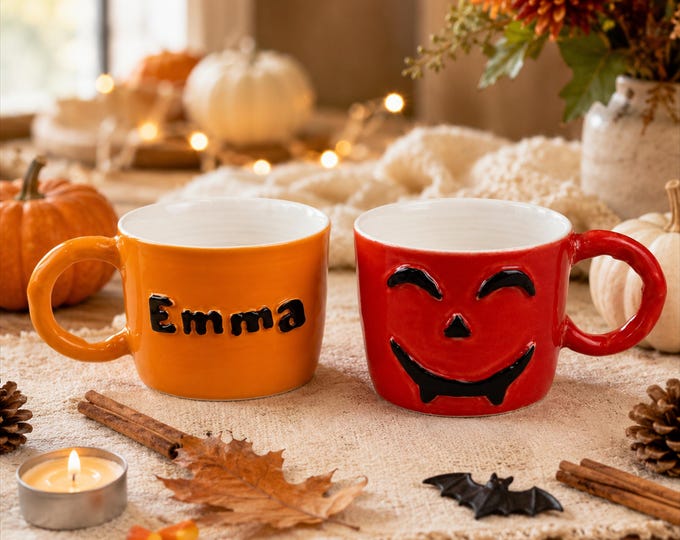 Personalized Halloween Mug (10 oz), Custom Name Ceramic Cup, 3D Letter Mug, Cute Spooky Coffee Cup, Fall Gift, Handmade Halloween Mug