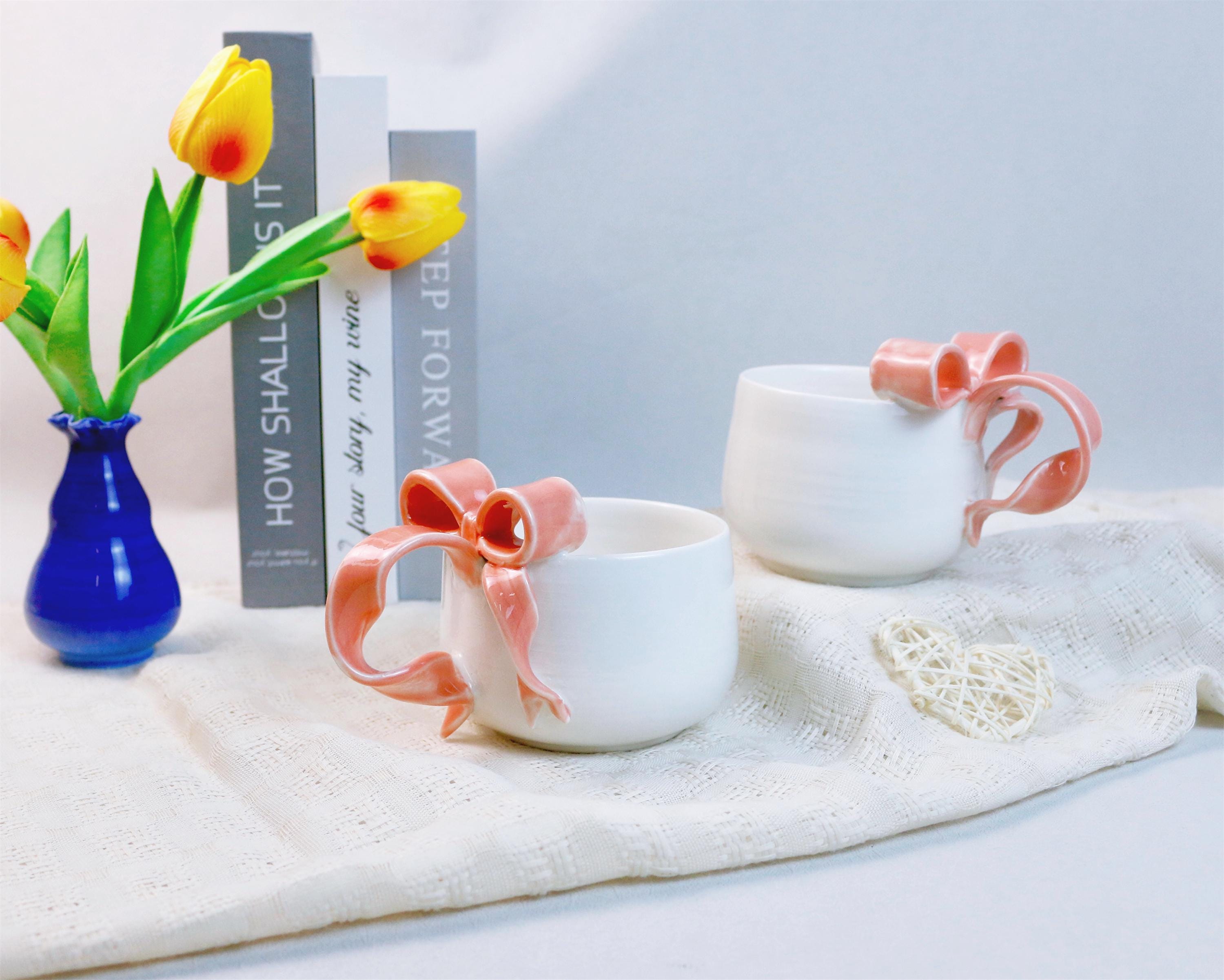 Bow Ceramic Mug, Cute Ceramic Mug, Handmade Ceramic Mug, Girly Pop Coffee Mug, Gift for Her, Bow Decor, Cute Girly Mugs, Graduation Gift