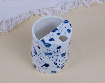 Custom Ceramic Travel Mug, Blue Speckled Sip Cup, Handmade Pottery Tumbler