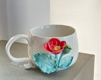 August | Poppy, Birth Flower Mug, Handmade Birth Month Floral Mug, Mom Mug, Gift for Her, Birthday Gift, Mother's Day Gift