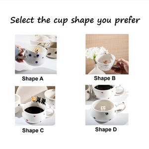 May include: White ceramic mugs with various dog-themed designs. The mugs are labeled Shape A, B, C, and D. The text "Select the cup shape you prefer" is at the top of the image.