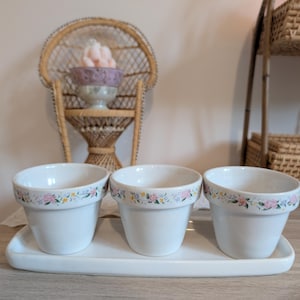 May include: Three white ceramic flower pots with a floral design around the rim, set on a matching rectangular tray. The pots are empty and ready for planting. The floral design includes pink, yellow, and blue flowers.