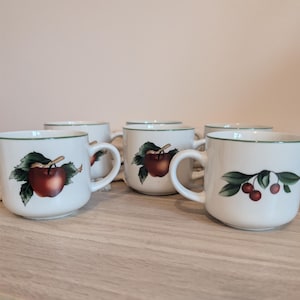 Peut inclure: Un ensemble de tasses en céramique blanche avec un bord vert et des illustrations de fruits. Certaines tasses présentent une pomme rouge avec des feuilles vertes, tandis que d'autres montrent des cerises rouges sur une branche feuillue.