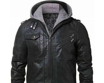 Black Biker Leather Jacket With Removable Hood