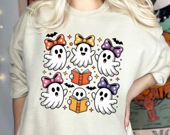 Comfort Colors Ghost Reading Book Shirt, Halloween Librarian Teacher Gift
