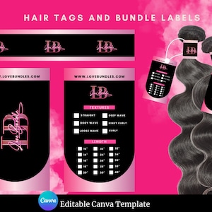 Hair  Hang Tags, Bundle Wraps, Pink, Hair Packaging, Hair Tags, Editable Canva Template