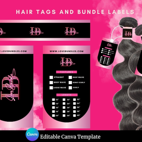 Hair  Hang Tags, Bundle Wraps, Pink, Hair Packaging, Hair Tags, Editable Canva Template