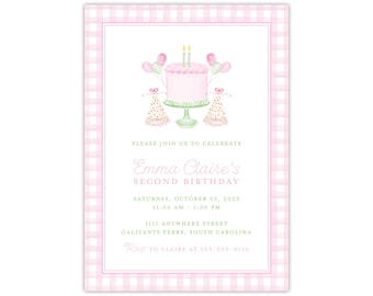 Printed Pink Cake Party Invitation, Girl First Birthday Invite, 1 Year Old, Watercolor Green Candle Balloons Hat, Classic Preppy Traditional