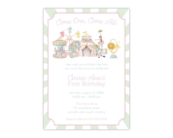 Printed Circus Party Invitation, Watercolor Carnival, Pastel Carousel Horse, Girl First Second Birthday, Come One Come All, Merry Go Round