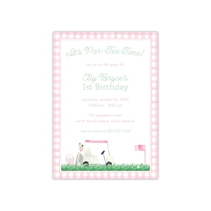 Printed Golf Party Invitation, Girl First Birthday Invite, Hole in One, Fore ParTee, Cart Flag Ball Tee, Watercolor Pink Gingham, Preppy